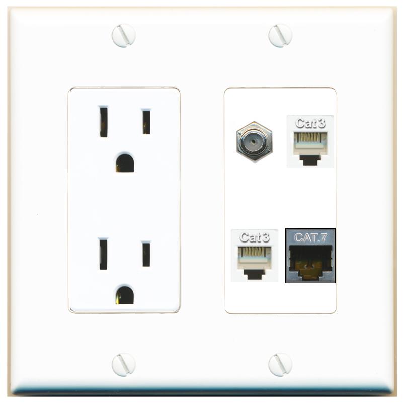 RiteAV CAT7 COAX 2 PHONE Wall Plate with 15A Power Outlet [White]