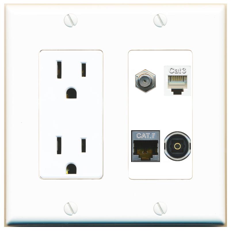 RiteAV CAT7 COAX PHONE TOSLINK Wall Plate with 15A Power Outlet [White]
