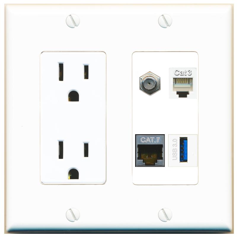 RiteAV CAT7 COAX PHONE USB-3 Wall Plate with 15A Power Outlet [White]