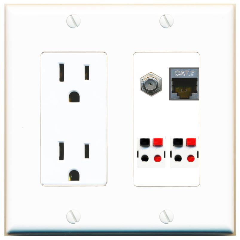 RiteAV CAT7 COAX 2 SPEAKER Wall Plate with 15A Power Outlet [White]