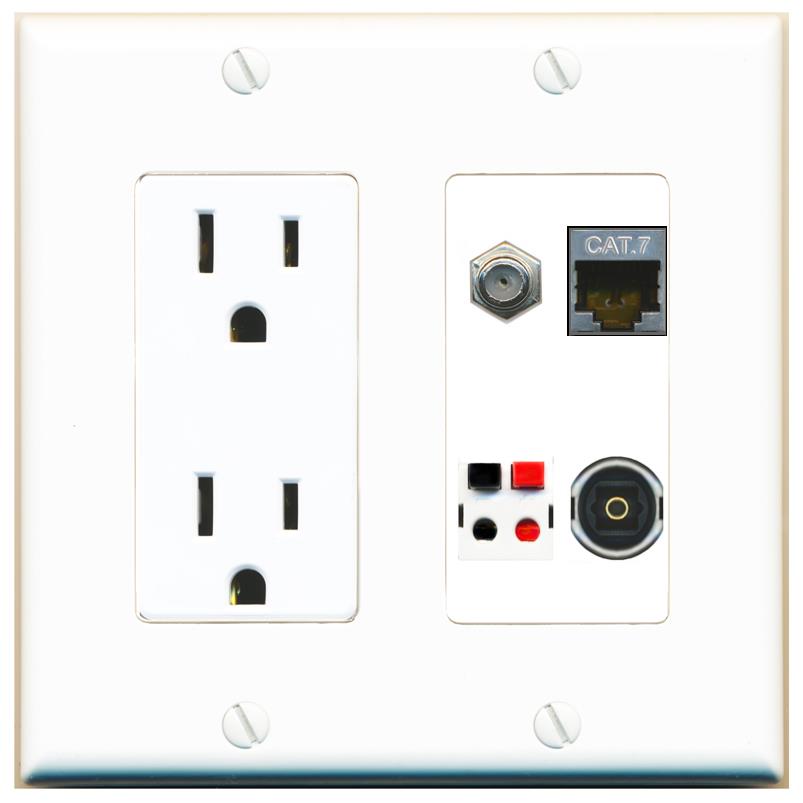 RiteAV CAT7 COAX SPEAKER TOSLINK Wall Plate with 15A Power Outlet [White]
