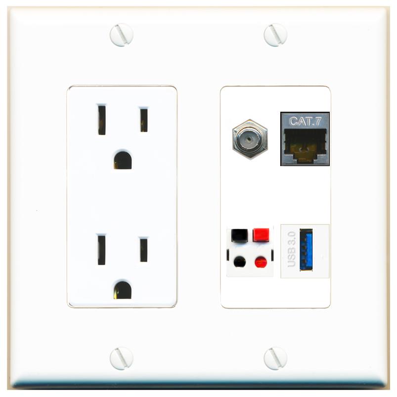RiteAV CAT7 COAX SPEAKER USB-3 Wall Plate with 15A Power Outlet [White]