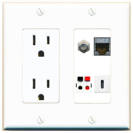 RiteAV CAT7 COAX SPEAKER USBC Wall Plate with 15A Power Outlet [White]