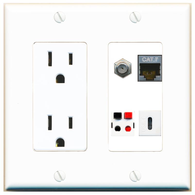RiteAV CAT7 COAX SPEAKER USBC Wall Plate with 15A Power Outlet [White]