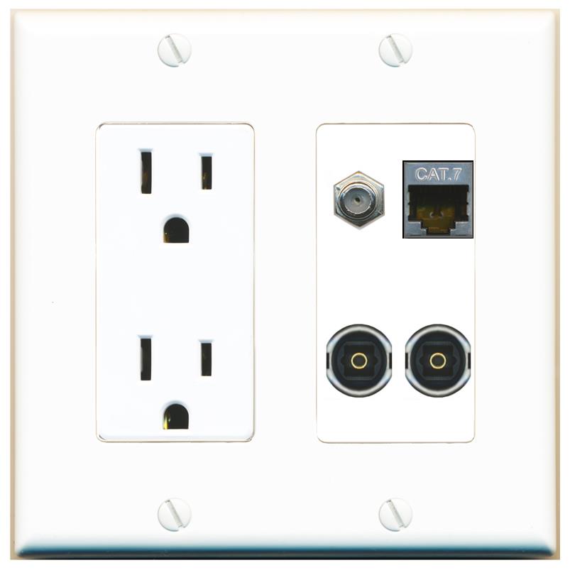 RiteAV CAT7 COAX 2 TOSLINK Wall Plate with 15A Power Outlet [White]