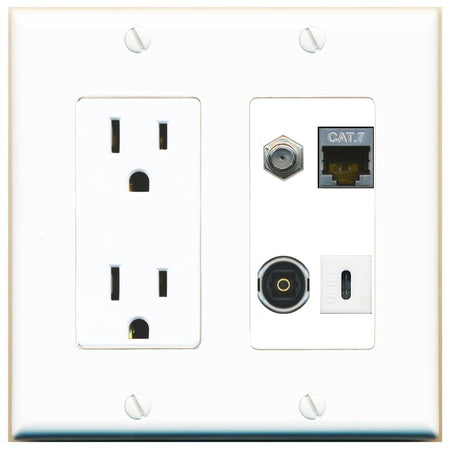 RiteAV CAT7 COAX TOSLINK USBC Wall Plate with 15A Power Outlet [White]