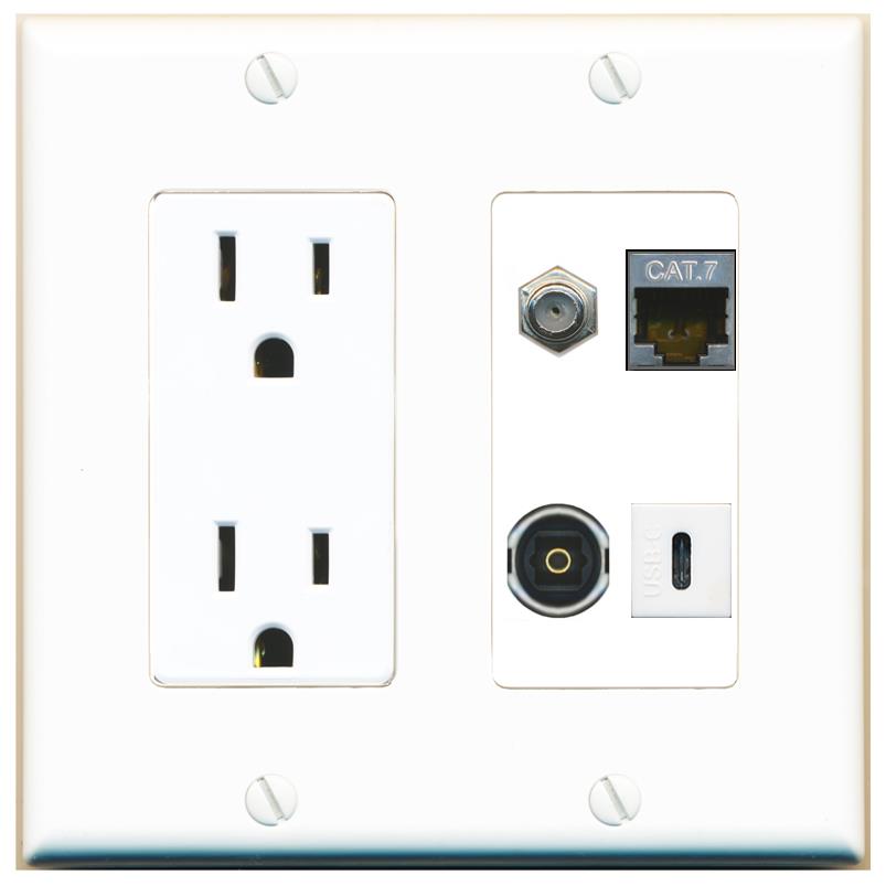 RiteAV CAT7 COAX TOSLINK USBC Wall Plate with 15A Power Outlet [White]