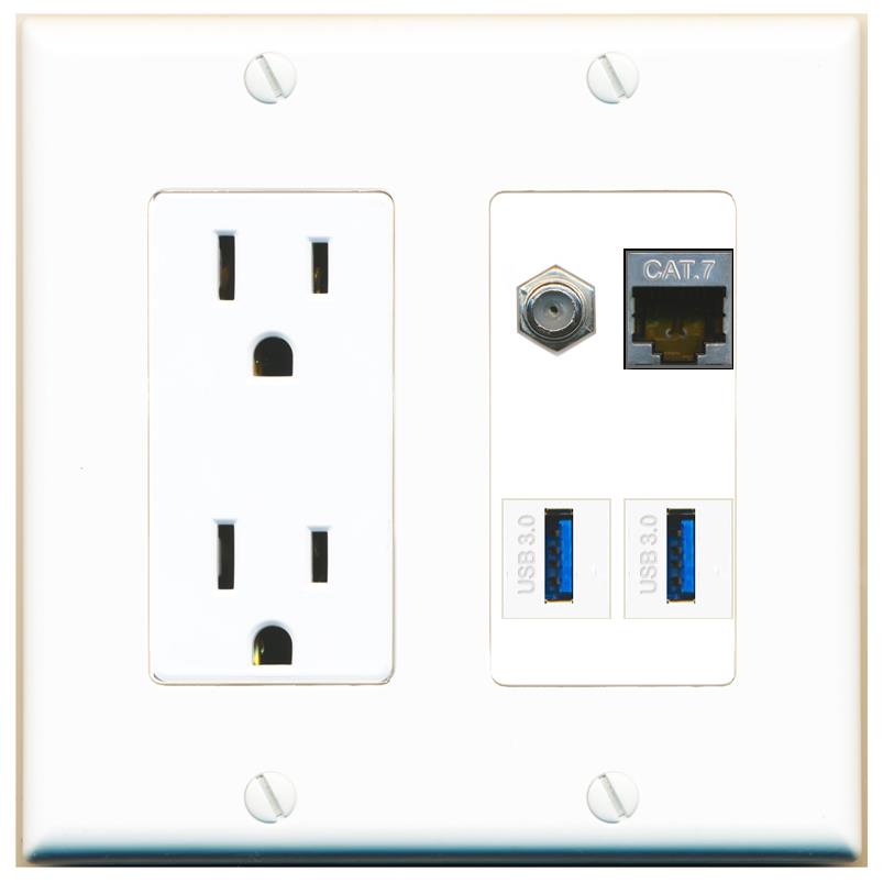 RiteAV CAT7 COAX 2 USB-3 Wall Plate with 15A Power Outlet [White]