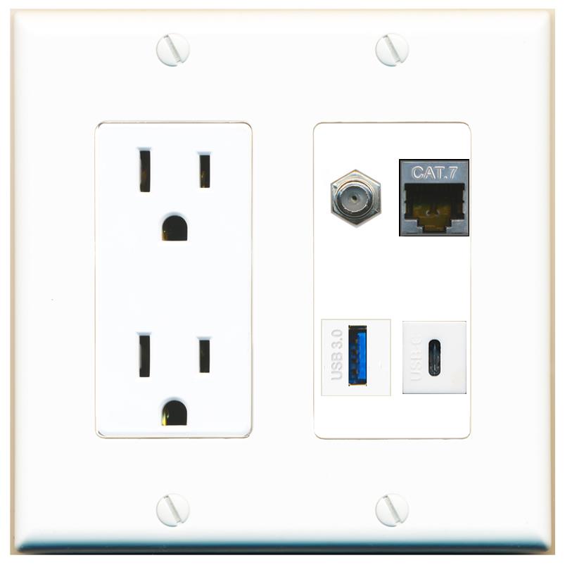 RiteAV CAT7 COAX USB-3 USBC Wall Plate with 15A Power Outlet [White]