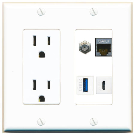 RiteAV CAT7 COAX USB-3 USBC Wall Plate with 15A Power Outlet [White]