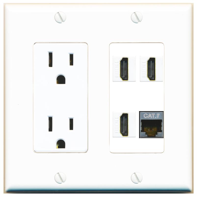 RiteAV CAT7 3 HDMI Wall Plate with 15A Power Outlet [White]