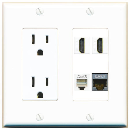 RiteAV CAT7 2 HDMI PHONE Wall Plate with 15A Power Outlet [White]