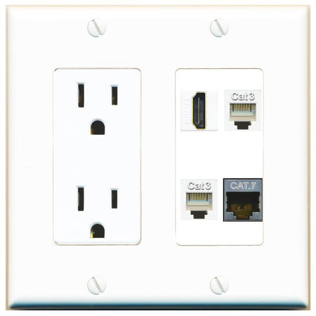 RiteAV CAT7 HDMI 2 PHONE Wall Plate with 15A Power Outlet [White]