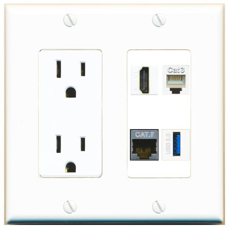 RiteAV CAT7 HDMI PHONE USB-3 Wall Plate with 15A Power Outlet [White]