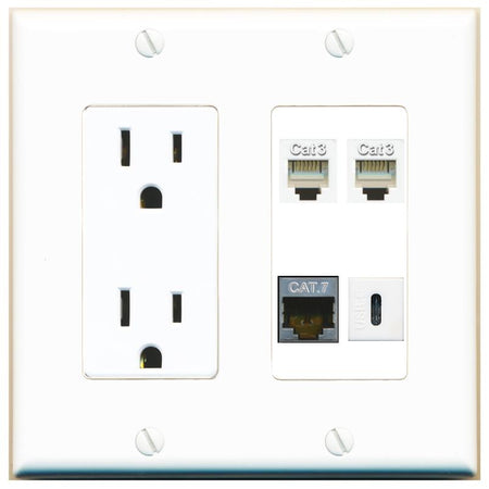 RiteAV CAT7 2 PHONE USBC Wall Plate with 15A Power Outlet [White]
