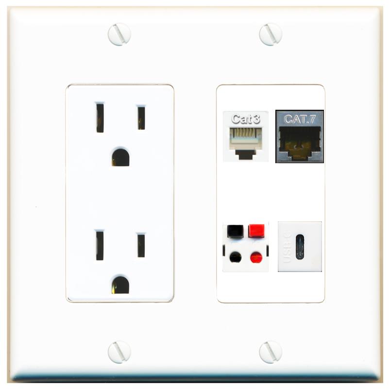 RiteAV CAT7 PHONE SPEAKER USBC Wall Plate with 15A Power Outlet [White]