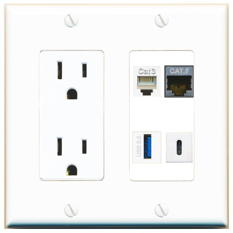RiteAV CAT7 PHONE USB-3 USBC Wall Plate with 15A Power Outlet [White]