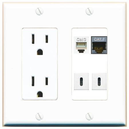 RiteAV CAT7 PHONE 2 USBC Wall Plate with 15A Power Outlet [White]