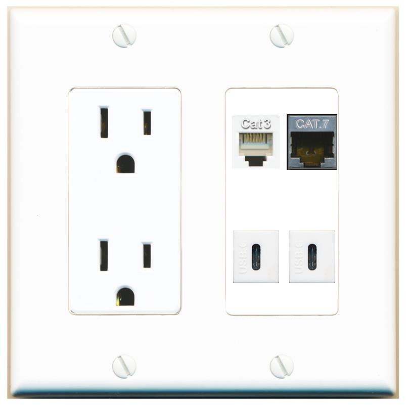 RiteAV CAT7 PHONE 2 USBC Wall Plate with 15A Power Outlet [White]