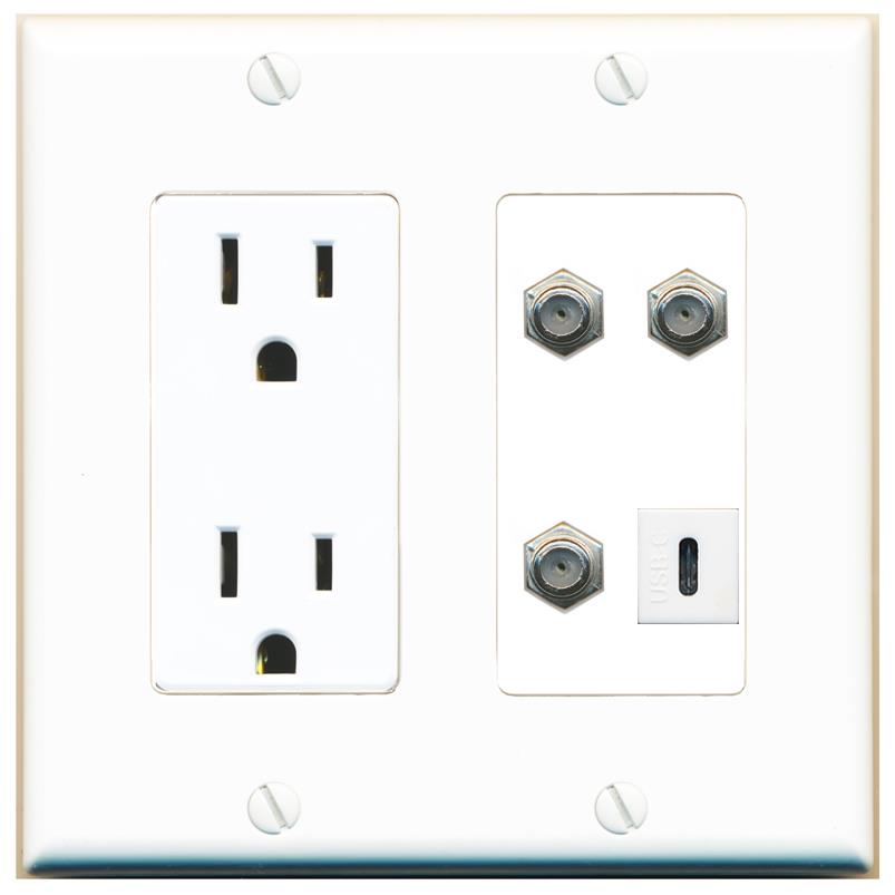 RiteAV 3 COAX USBC Wall Plate with 15A Power Outlet [White]