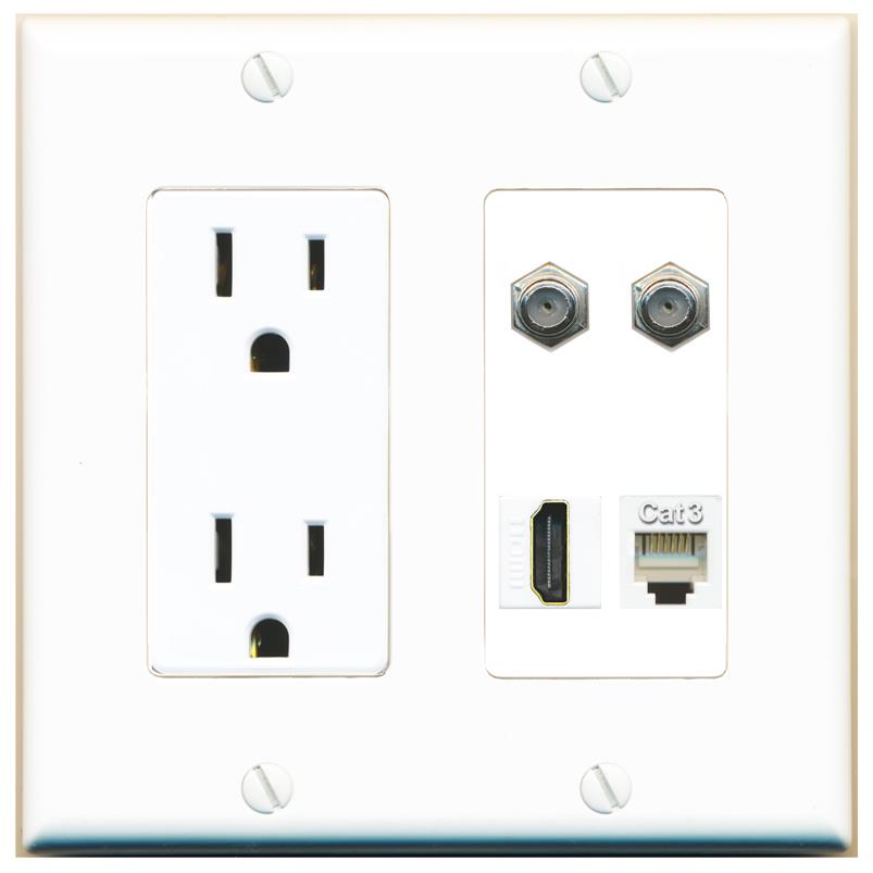 RiteAV 2 COAX HDMI PHONE Wall Plate with 15A Power Outlet [White]