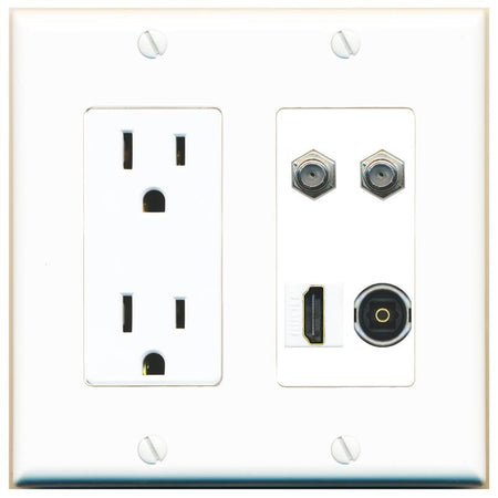 RiteAV 2 COAX HDMI TOSLINK Wall Plate with 15A Power Outlet [White]