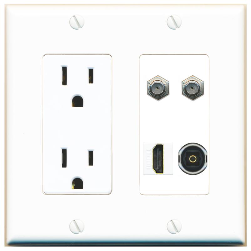 RiteAV 2 COAX HDMI TOSLINK Wall Plate with 15A Power Outlet [White]