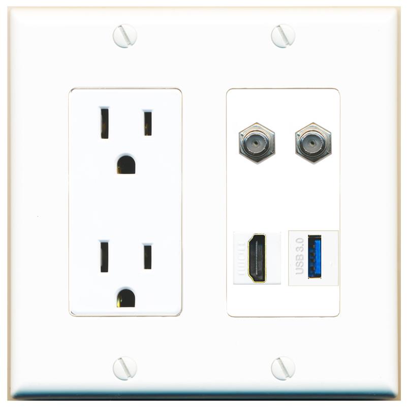 RiteAV 2 COAX HDMI USB-3 Wall Plate with 15A Power Outlet [White]