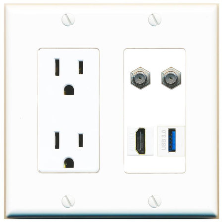 RiteAV 2 COAX HDMI USB-3 Wall Plate with 15A Power Outlet [White]