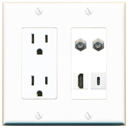 RiteAV 2 COAX HDMI USBC Wall Plate with 15A Power Outlet [White]