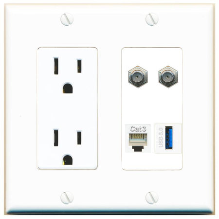 RiteAV 2 COAX PHONE USB-3 Wall Plate with 15A Power Outlet [White]