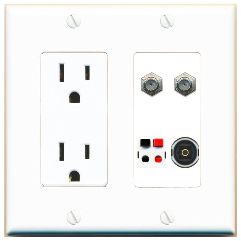 RiteAV 2 COAX SPEAKER TOSLINK Wall Plate with 15A Power Outlet [White]