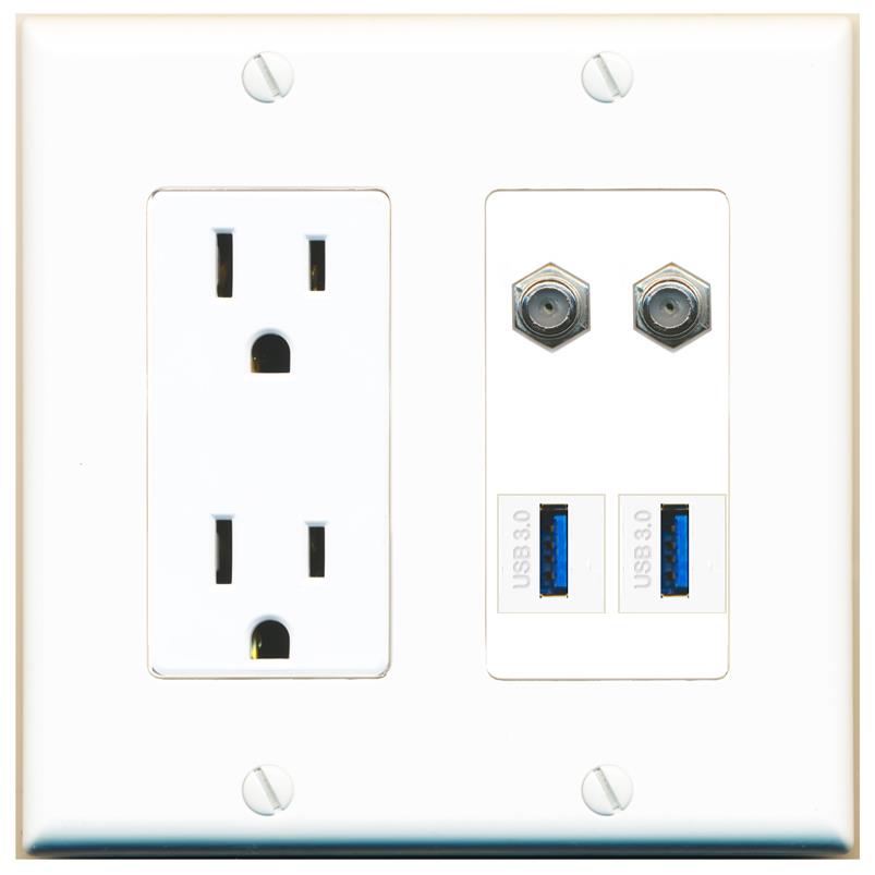 RiteAV 2 COAX 2 USB-3 Wall Plate with 15A Power Outlet [White]