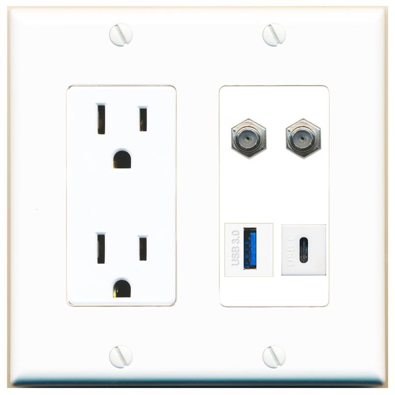 RiteAV 2 COAX USB-3 USBC Wall Plate with 15A Power Outlet [White]