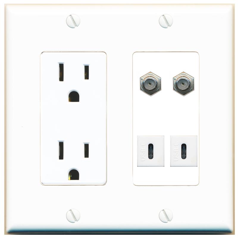 RiteAV 2 COAX 2 USBC Wall Plate with 15A Power Outlet [White]