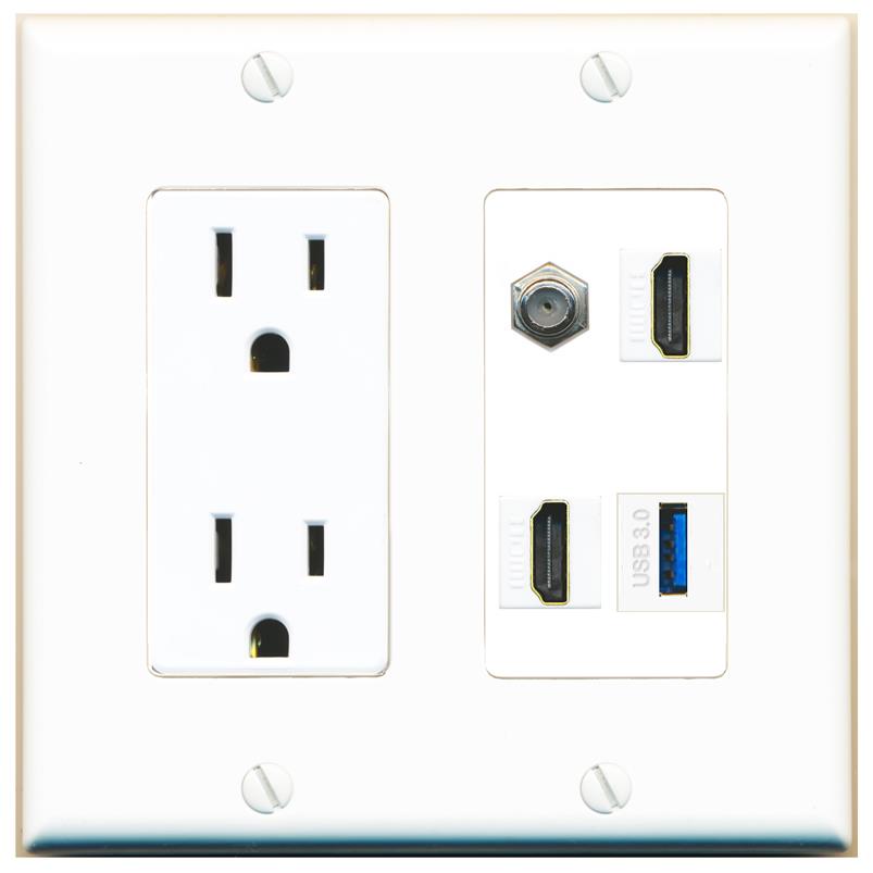 RiteAV COAX 2 HDMI USB-3 Wall Plate with 15A Power Outlet [White]