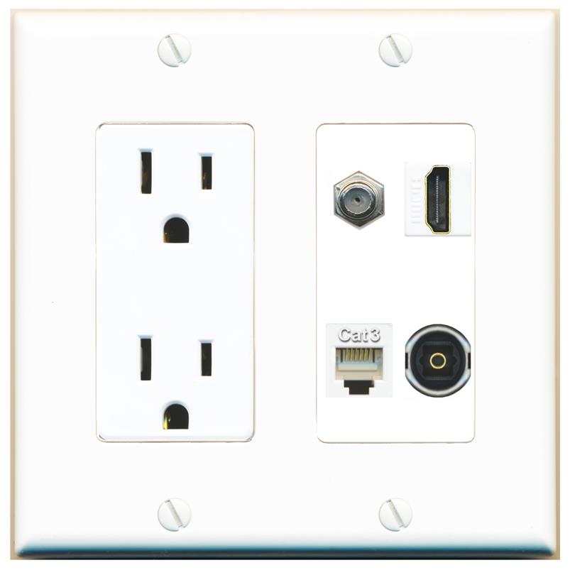 RiteAV COAX HDMI PHONE TOSLINK Wall Plate with 15A Power Outlet [White]