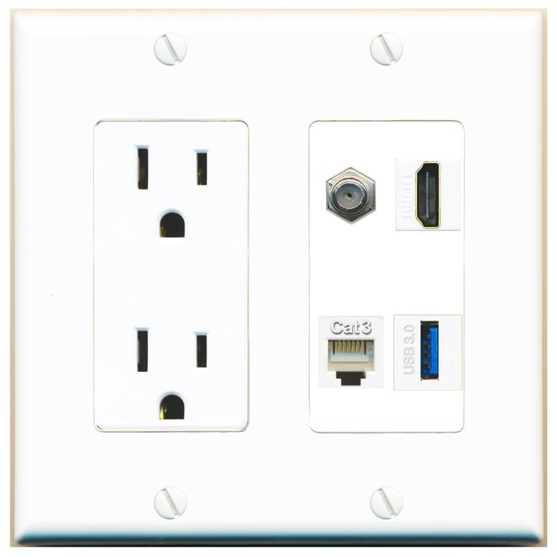 RiteAV COAX HDMI PHONE USB-3 Wall Plate with 15A Power Outlet [White]