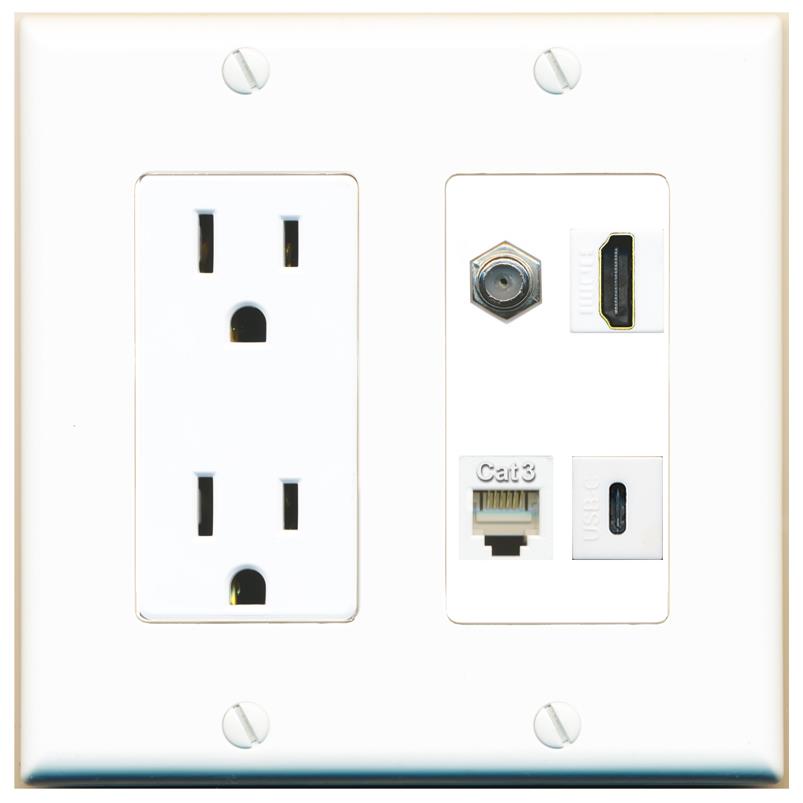 RiteAV COAX HDMI PHONE USBC Wall Plate with 15A Power Outlet [White]