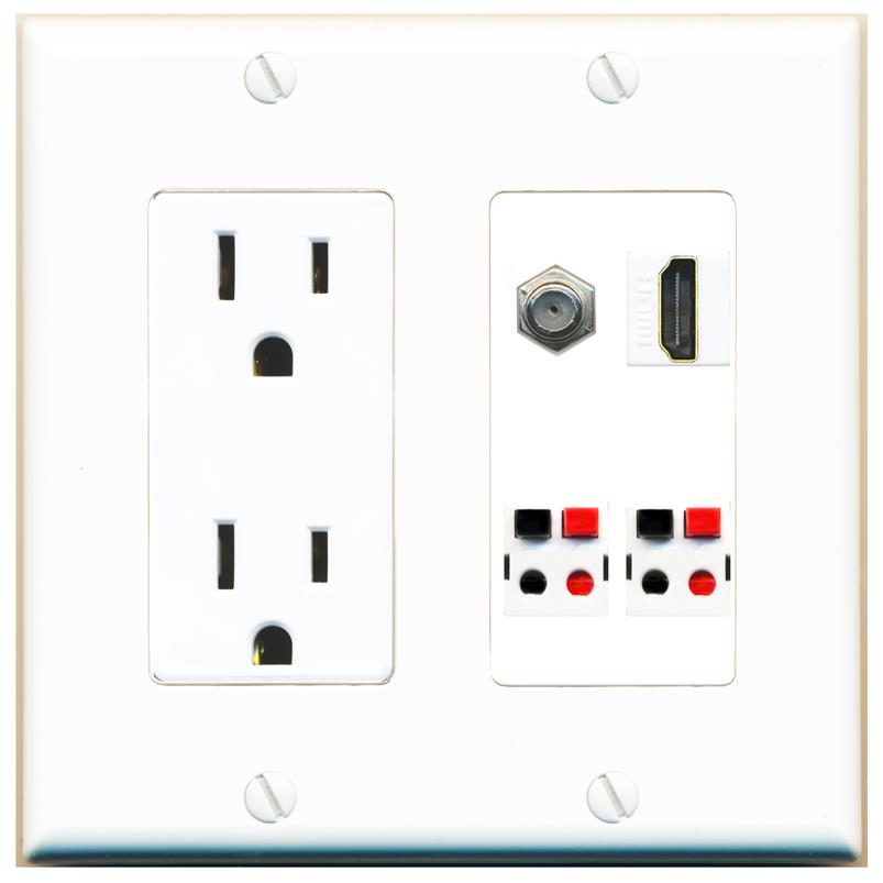 RiteAV COAX HDMI 2 SPEAKER Wall Plate with 15A Power Outlet [White]