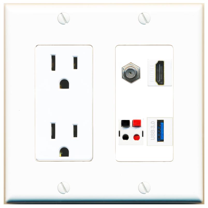 RiteAV COAX HDMI SPEAKER USB-3 Wall Plate with 15A Power Outlet [White]