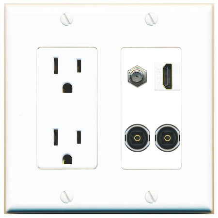 RiteAV COAX HDMI 2 TOSLINK Wall Plate with 15A Power Outlet [White]