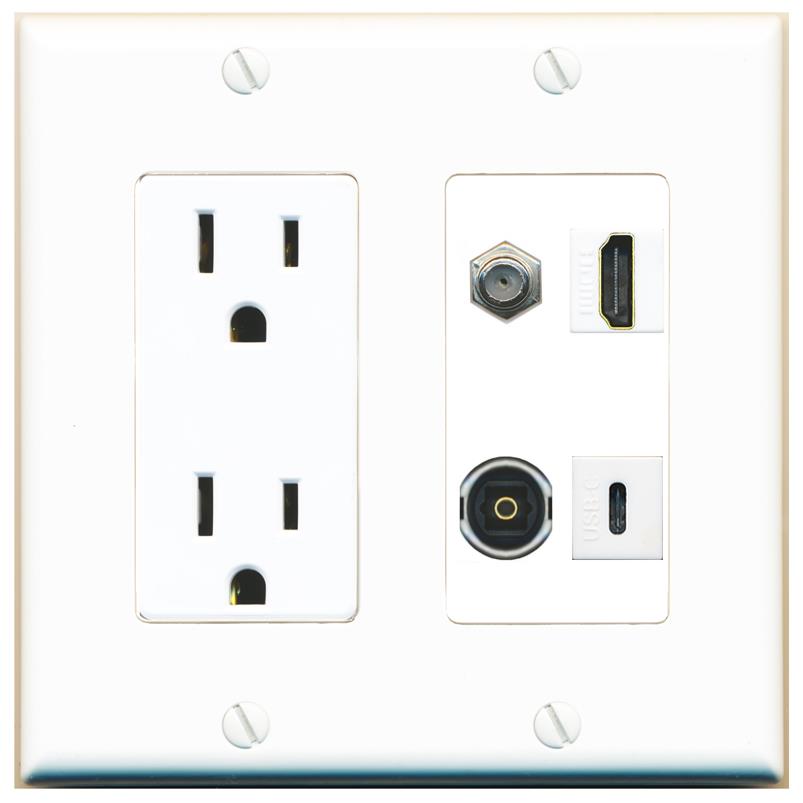 RiteAV COAX HDMI TOSLINK USBC Wall Plate with 15A Power Outlet [White]