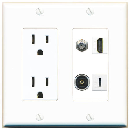 RiteAV COAX HDMI TOSLINK USBC Wall Plate with 15A Power Outlet [White]