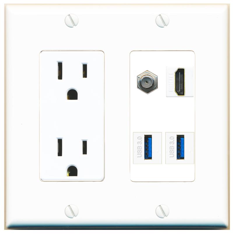 RiteAV COAX HDMI 2 USB-3 Wall Plate with 15A Power Outlet [White]