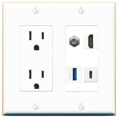 RiteAV COAX HDMI USB-3 USBC Wall Plate with 15A Power Outlet [White]
