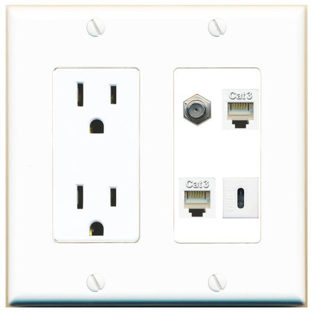 RiteAV COAX 2 PHONE USBC Wall Plate with 15A Power Outlet [White]