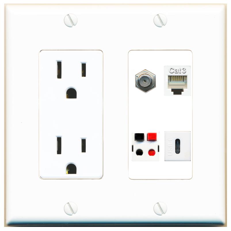 RiteAV COAX PHONE SPEAKER USBC Wall Plate with 15A Power Outlet [White]