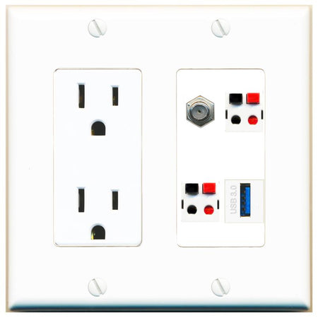RiteAV COAX 2 SPEAKER USB-3 Wall Plate with 15A Power Outlet [White]