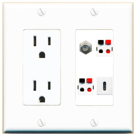 RiteAV COAX 2 SPEAKER USBC Wall Plate with 15A Power Outlet [White]